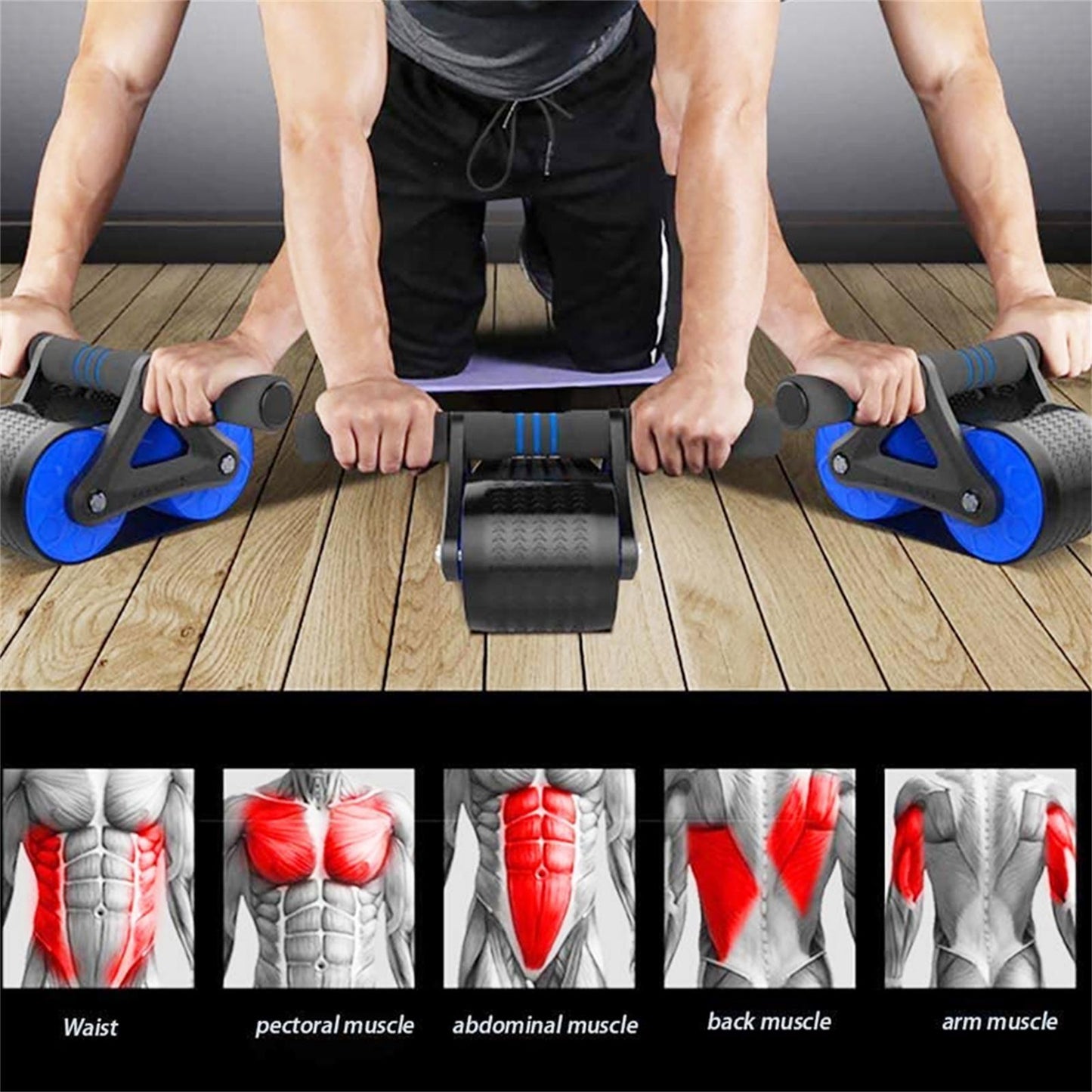 Springback Wheels Roller Domestic Abdominal Exerciser Push‑up Training Mute Fitness Equipment Blue