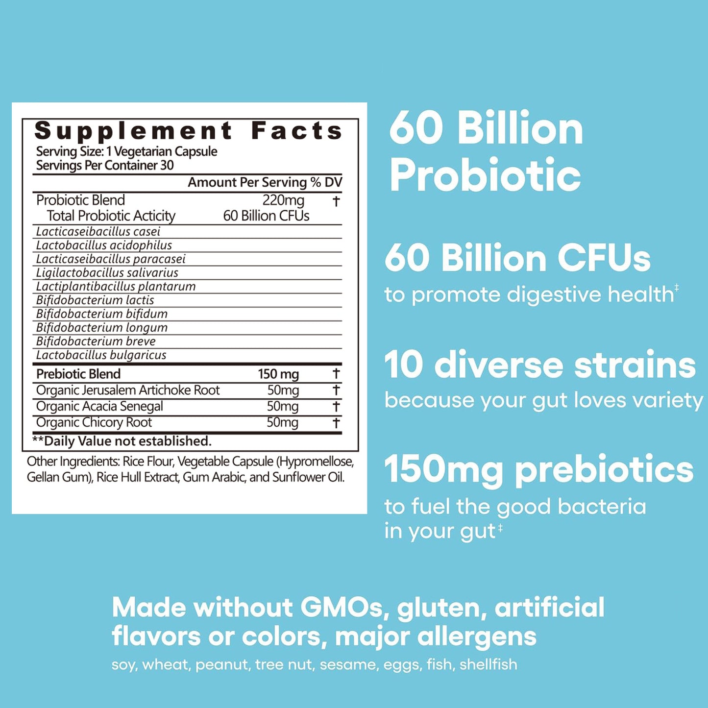 Probiotics 60 Billion CFU 10 Strains Organic Prebiotics - Immune, Digestive Gut Health - Supports Occasional Constipation, Diarrhea, Gas & Bloating - For Women & Men - 30ct